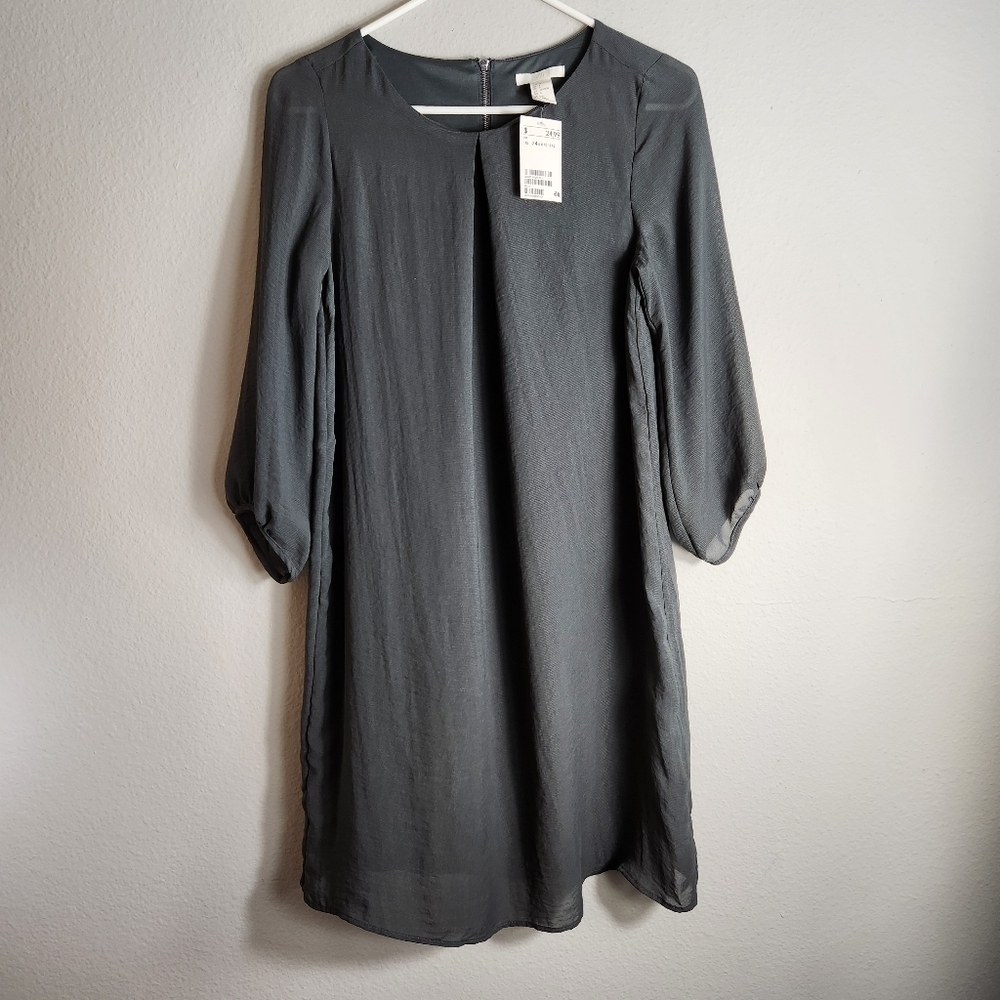 H&M Womens Gray Semi-Sheer Long Sleeve Shift Dress-Size 4 (NWT)